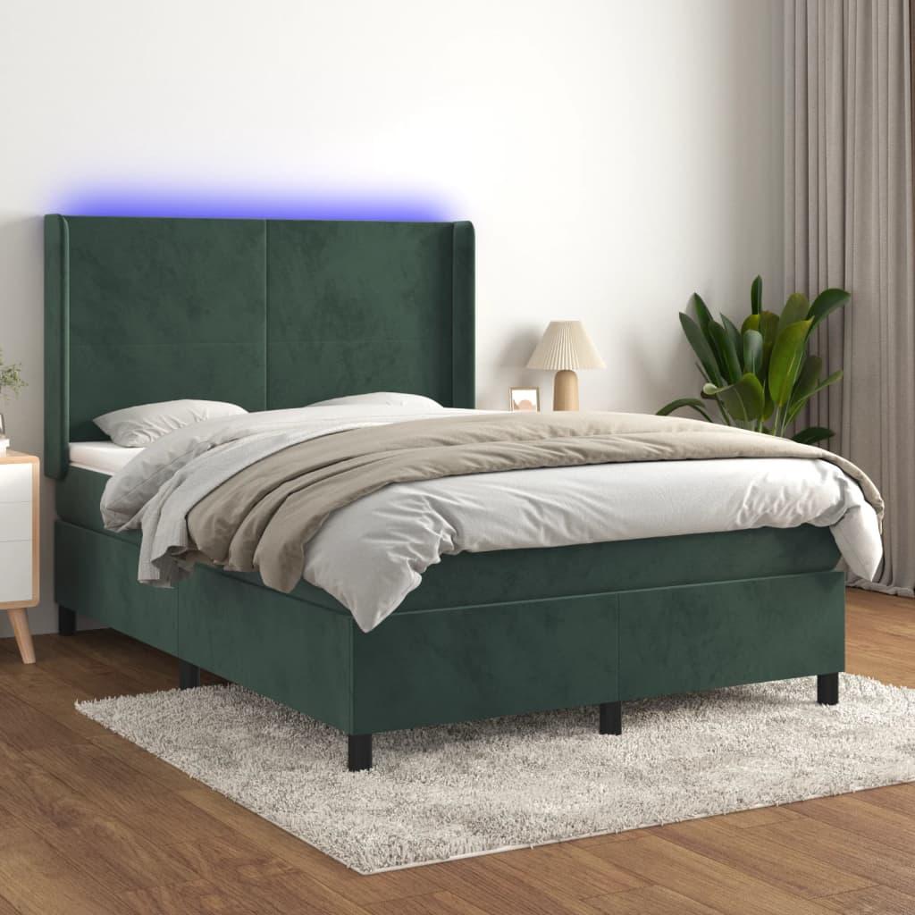 Kontinentalseng med LED-lys 140×200 cm - fløjl, mørkegrøn