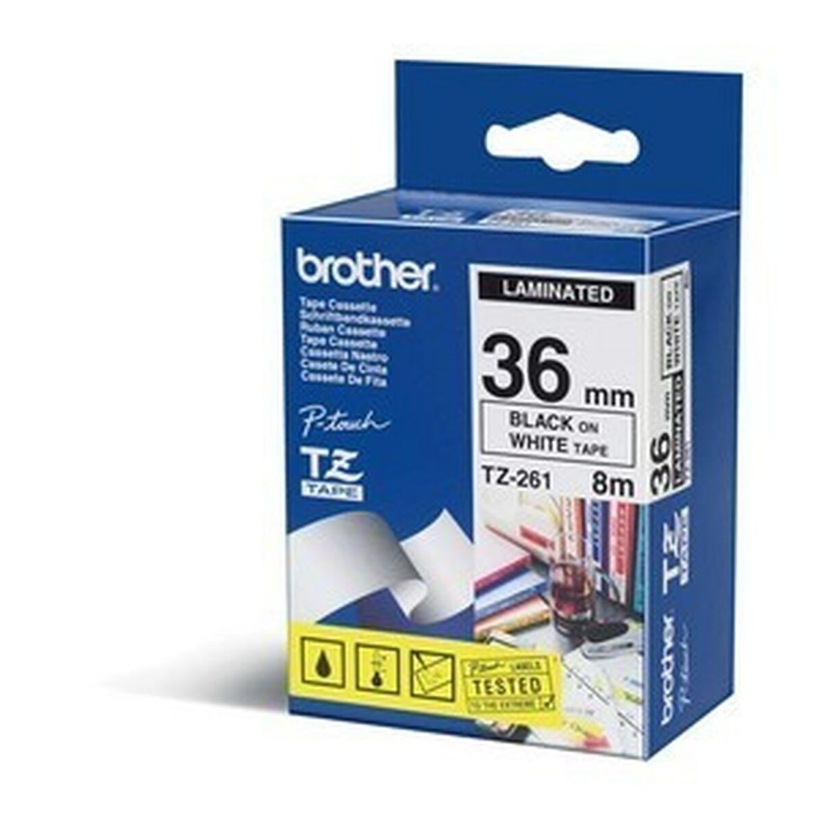 Brother TZe-261 lamineret labeltape, sort på hvid, 36 mm × 8 m
