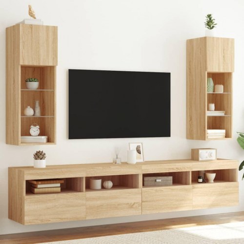 Væghængte tv-borde med LED-lys, 2 stk. - 30,5×30×90 cm, sonoma-eg