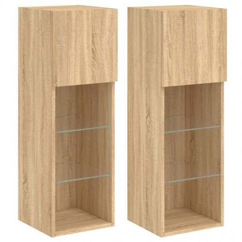 Væghængte tv-borde med LED-lys, 2 stk. - 30,5×30×90 cm, sonoma-eg