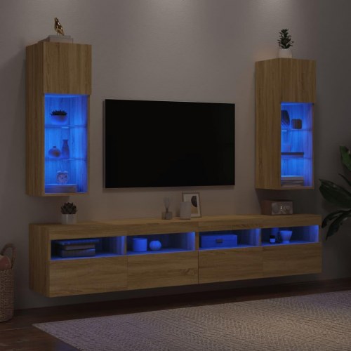 Væghængte tv-borde med LED-lys, 2 stk. - 30,5×30×90 cm, sonoma-eg