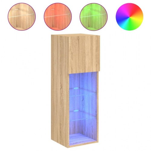 Væghængte tv-borde med LED-lys, 2 stk. - 30,5×30×90 cm, sonoma-eg