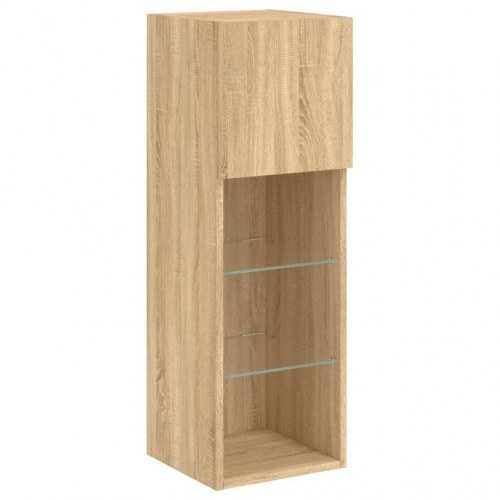 Væghængte tv-borde med LED-lys, 2 stk. - 30,5×30×90 cm, sonoma-eg