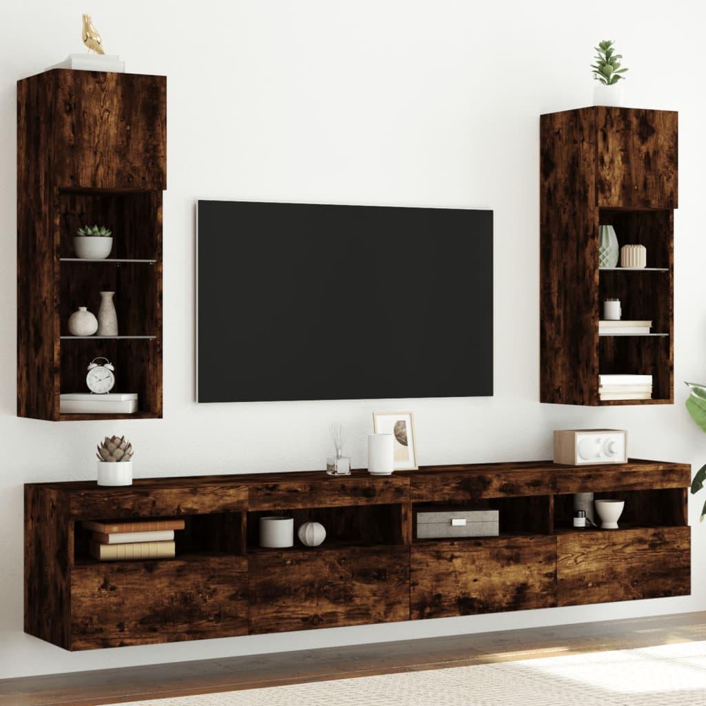 Tv-borde med LED-lys 2 stk. 30,5x30x90 cm rÃ¸get egetrÃ¦sfarve