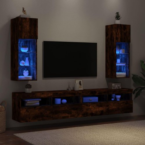 Tv-borde med LED-lys - 2 stk. væghængte 30,5×30×90 cm, røget egetræsfarve