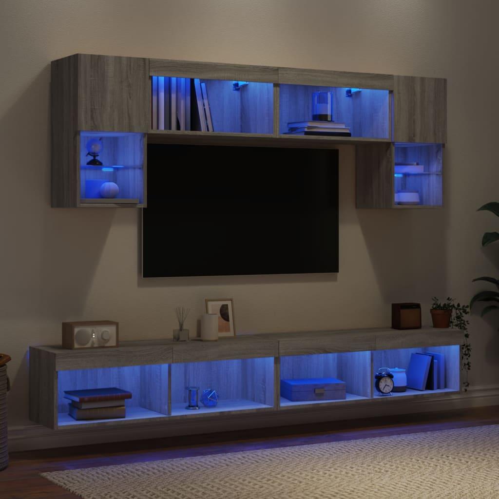 Tv-møbel til væg - 6 dele med RGB LED-lys, grå sonoma