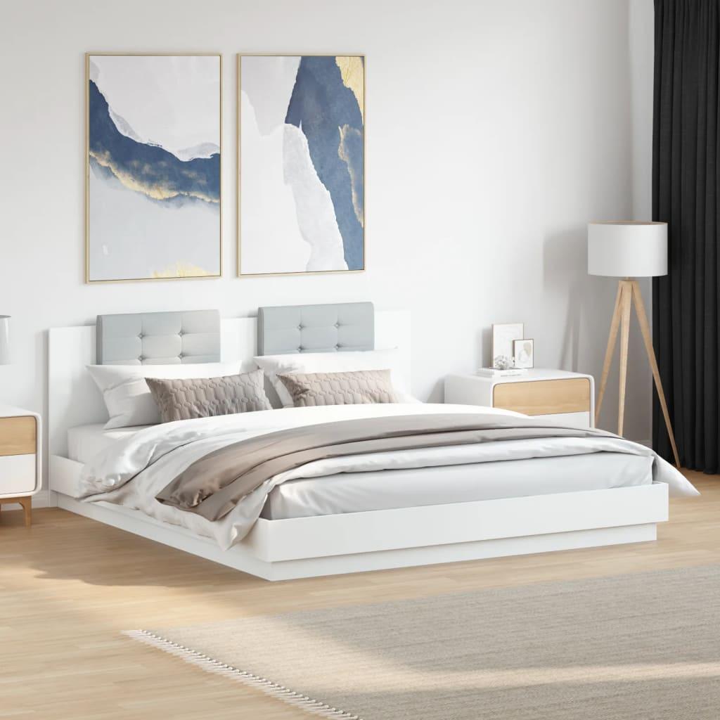 Sengeramme med sengegavl og LED-lys 200x200 cm hvid