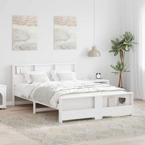 Sengestel med hylde 140 x 200 cm i massivt fyrretræ - hvid