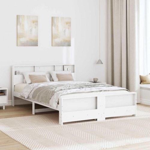 Sengestel med hylde 140 x 200 cm i massivt fyrretræ - hvid