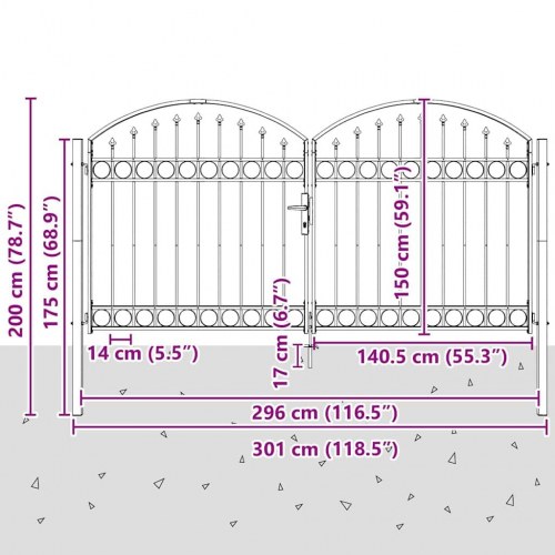 Hegnport ASSEN 301 × 200 cm - stål, grå, låsbar