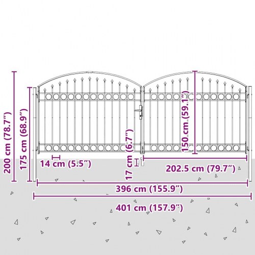 Hegnport ASSEN 401 × 200 cm - stål låge i grå med låsebeslag
