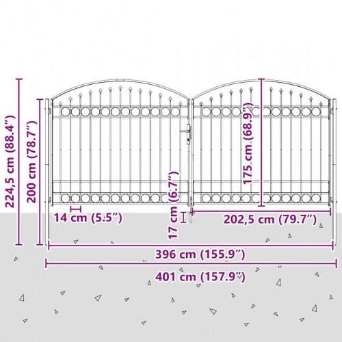 Hegnport ASSEN i stål 401 x 224,5 cm grå med låsbar haspe