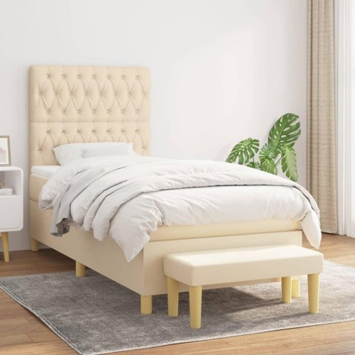 Kontinentalseng med madras 90x190 cm - stof, cremefarvet