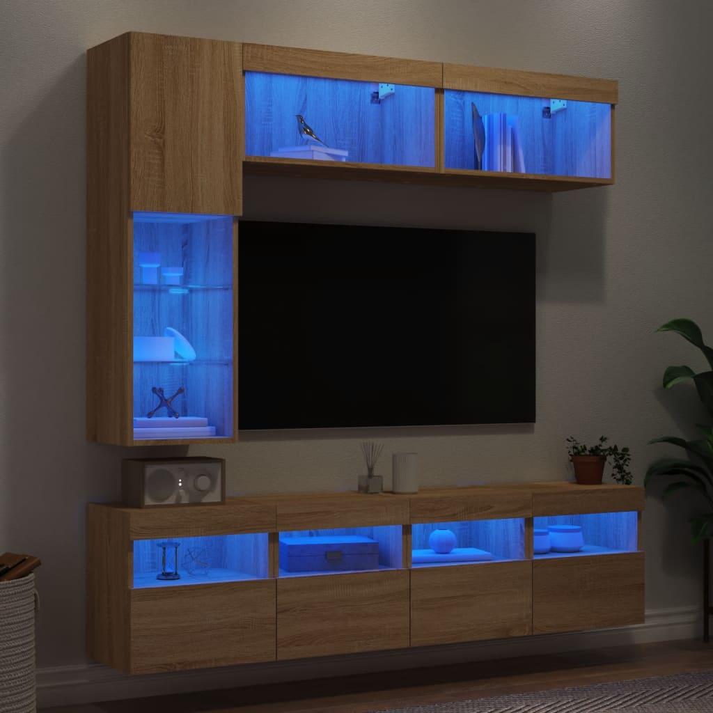 Væghængt tv-møbel 7 dele med LED-lys sonoma-eg