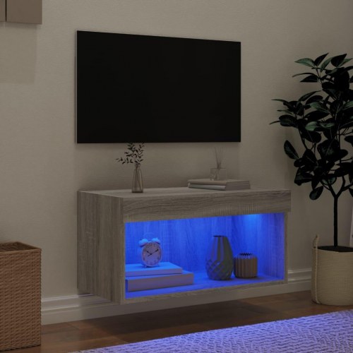 Tv-bord 60×30×30 cm med RGB LED-lys - grå sonoma-eg, væghængt