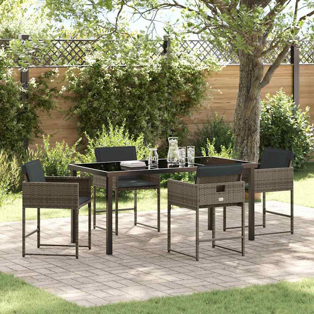 Have spisebordssæt 5 dele i grå polyrattan med glasbord