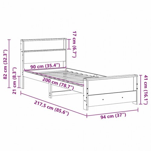 Sengestel med hylde - brun 90 x 200 cm