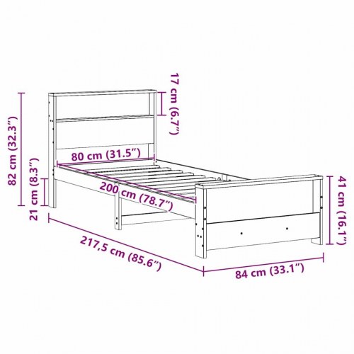 Sengestel med hylde - hvid 80 x 200 cm