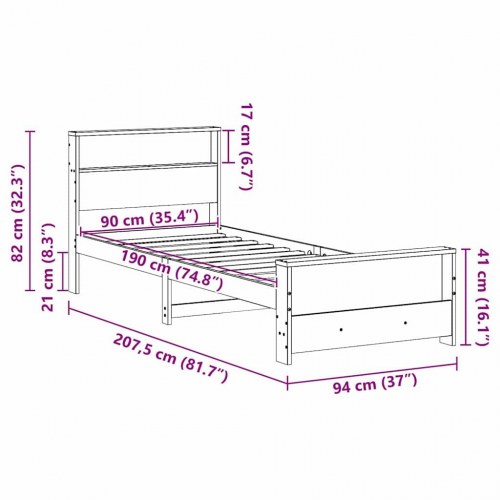 Sengestel med hylde - brun 90 x 190 cm i massivt fyrretræ