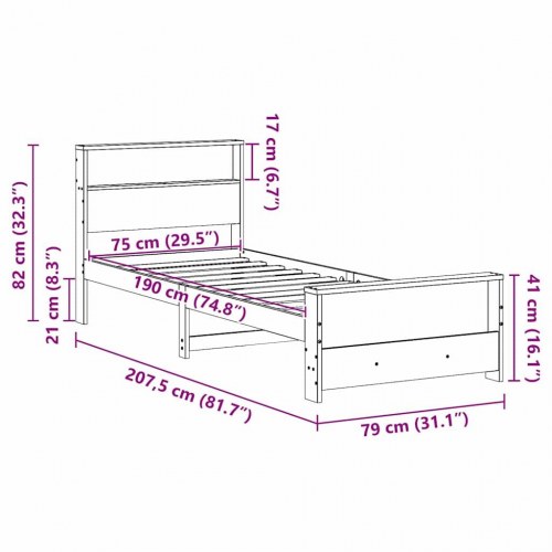 Sengestel med hylde - brun 75 x 190 cm massivt fyrretræ