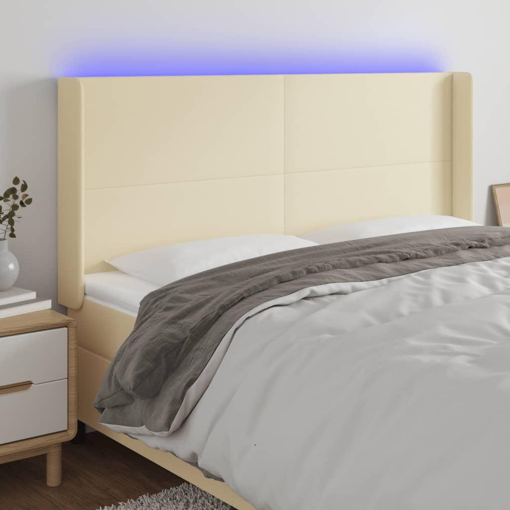 vidaXL sengegavl med LED-lys 203x16x118/128 cm kunstlæder cremefarvet