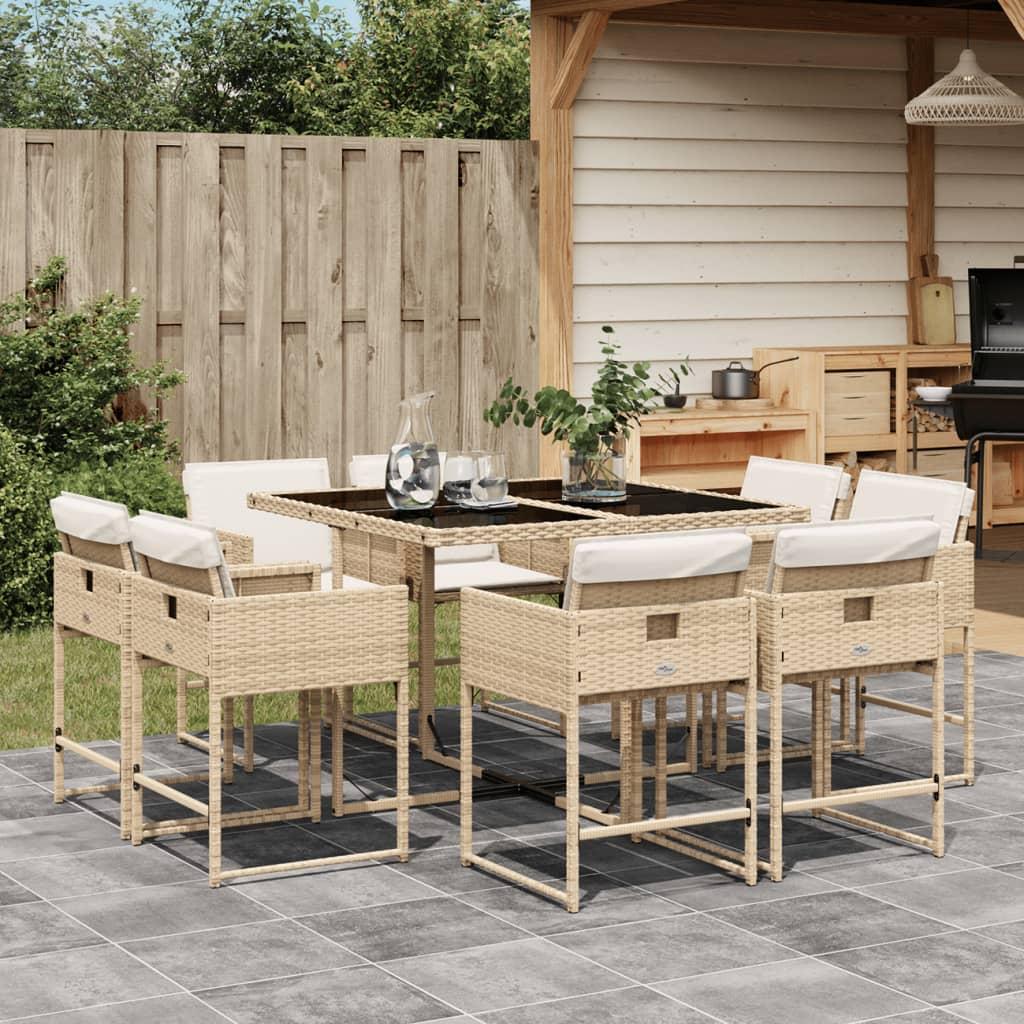 Spisebordssæt til haven 9 dele med hynder polyrattan beige