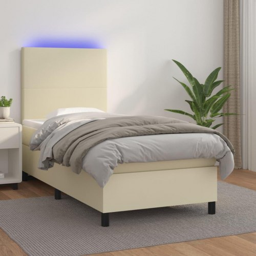 Kontinentalseng med LED-lys 100x200 cm - kunstlæder, cremefarvet