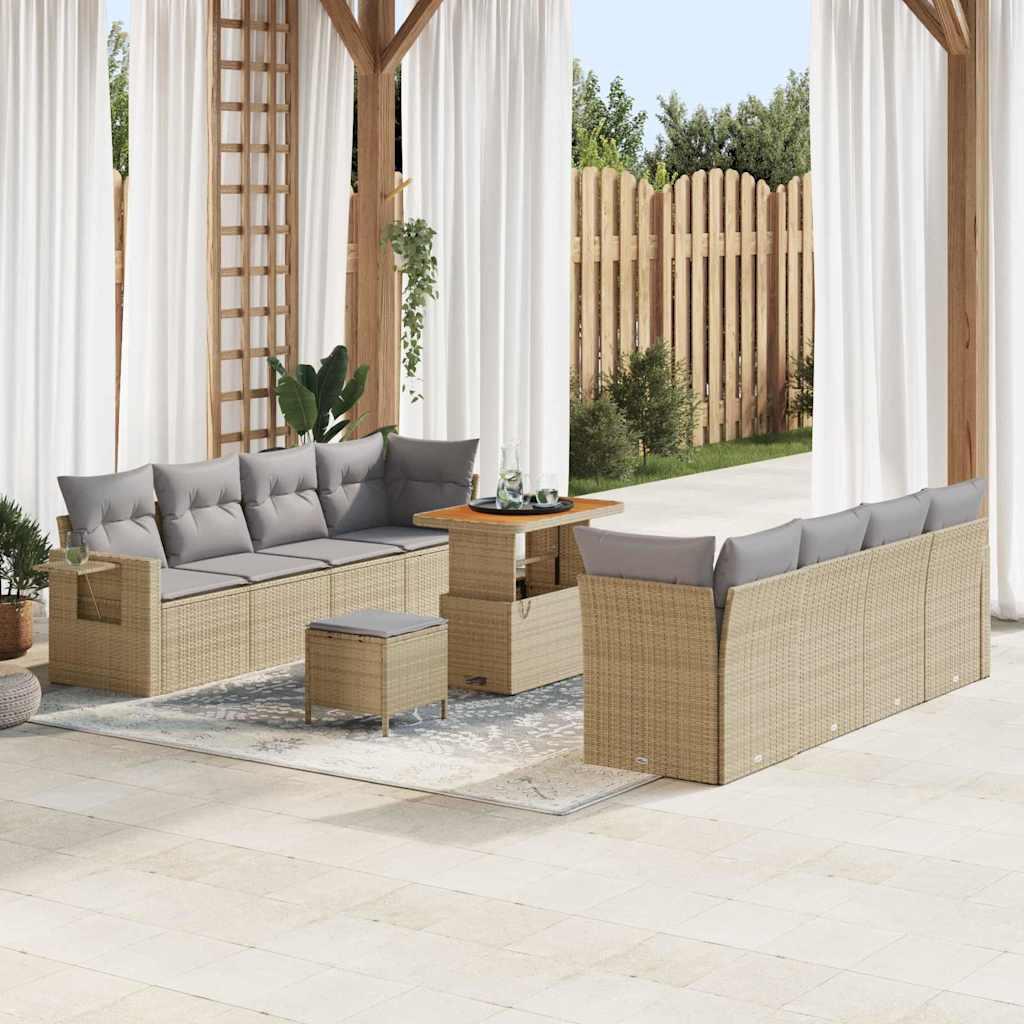 Modulært havesofa-sæt i beige polyrattan med puder - 11 dele, justerbart bord