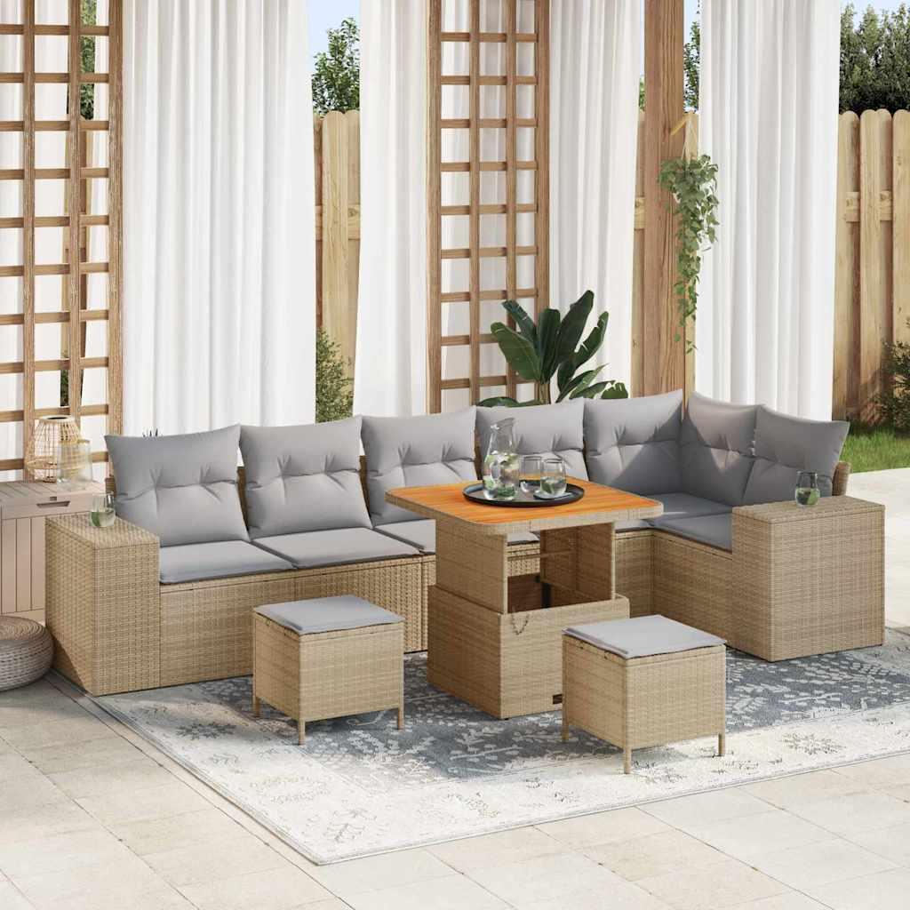 Havesofa sæt i beige polyrattan - modulopbygget loungesæt med hæve-/sænkebord, 9 dele