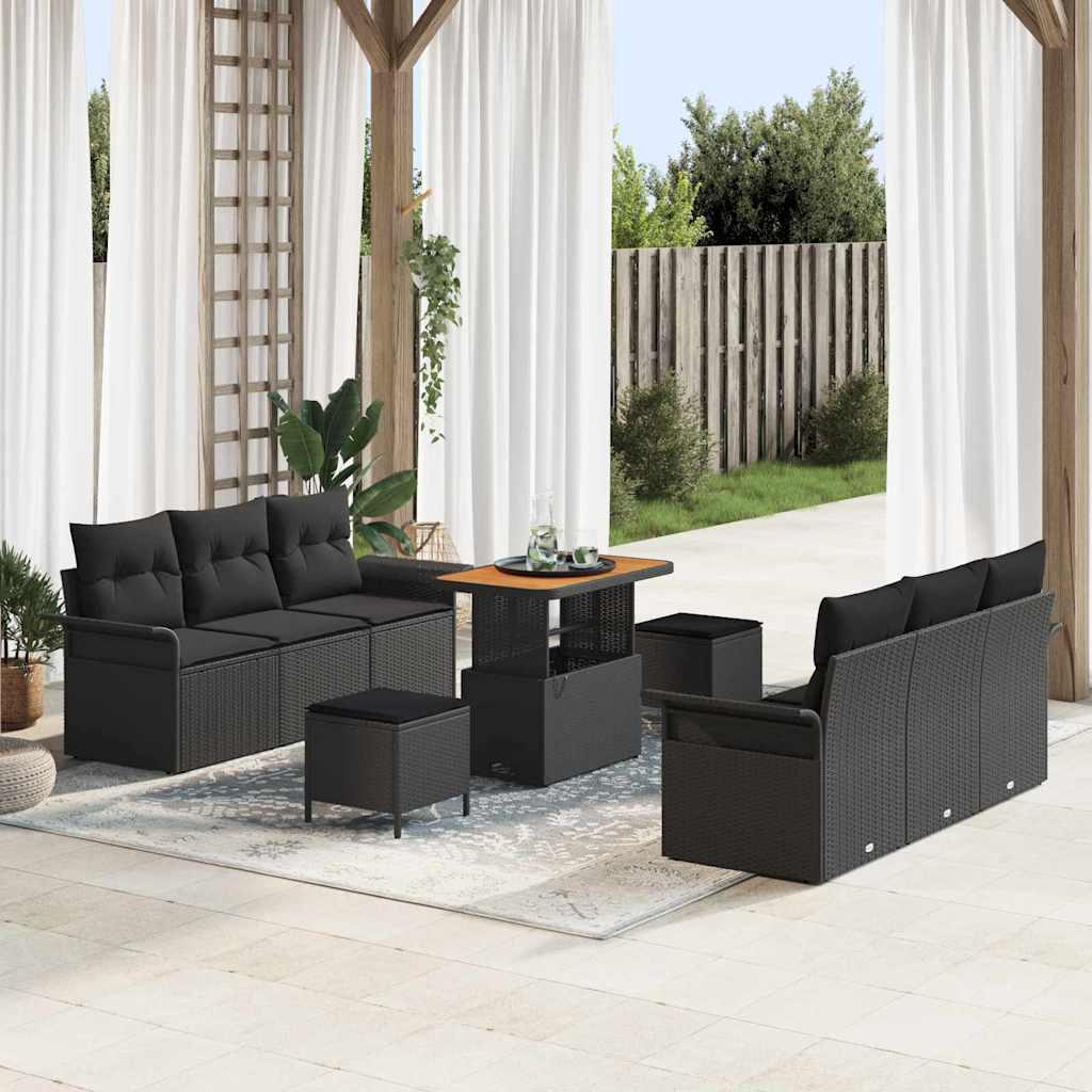 Havesofa sæt med puder 9 stk i sort polyrattan