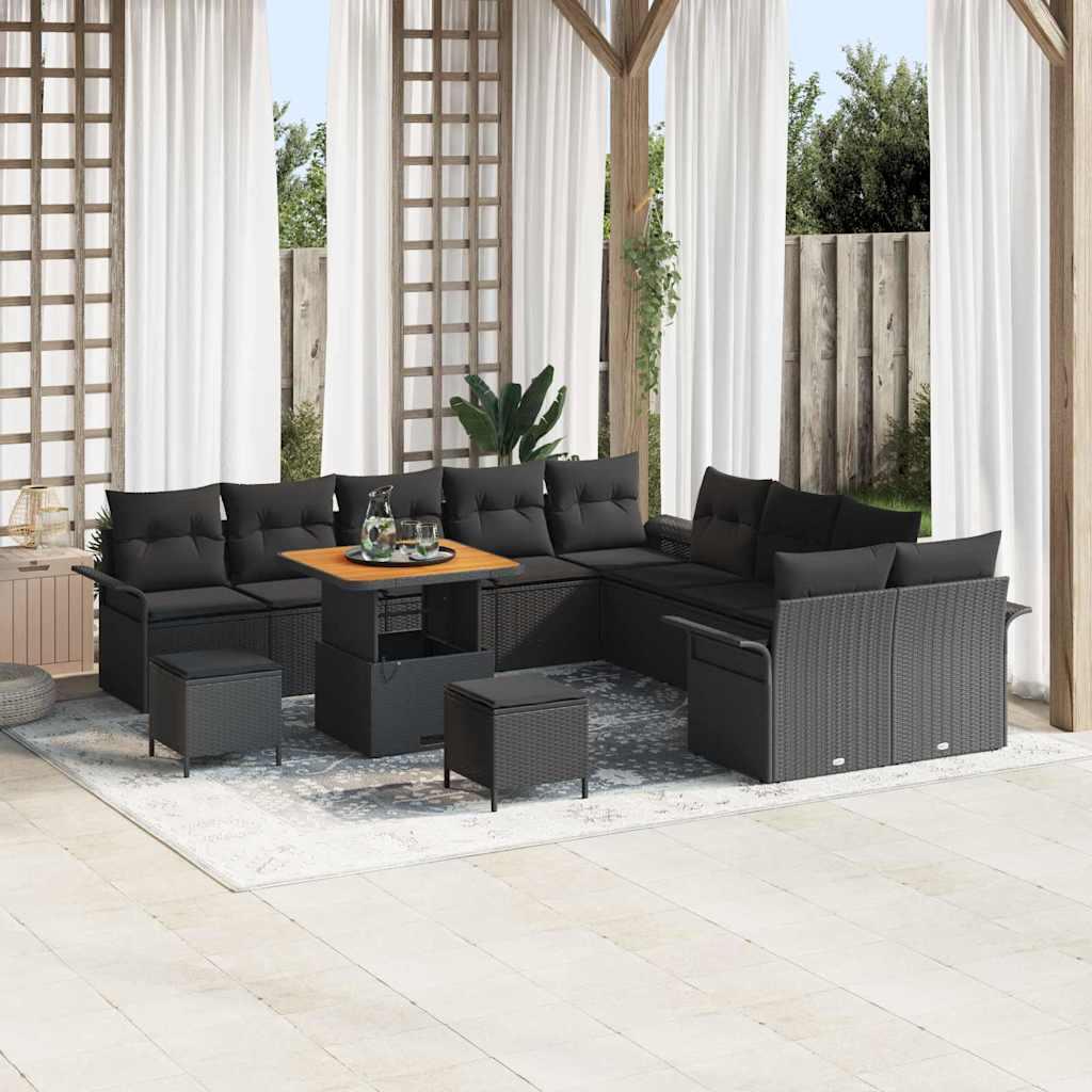 Havesofa-sæt i sort polyrattan med puder - 13 dele, modulært loungesæt med højdejusterbart bord