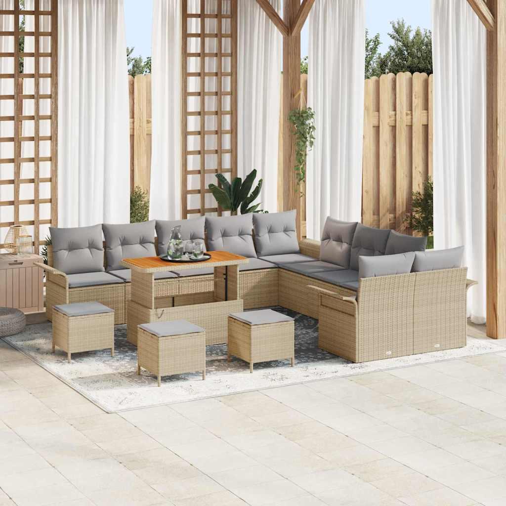Havesofa sæt i beige polyrattan - 14 dele med højdejusterbart bord