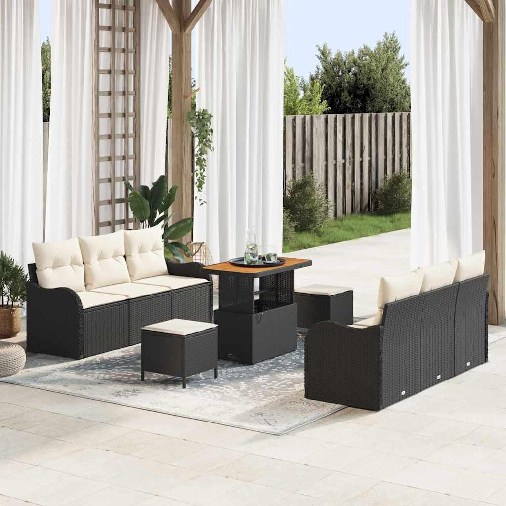 Havesofa-sæt i sort polyrattan med puder - 9 dele, højdejusterbart bord