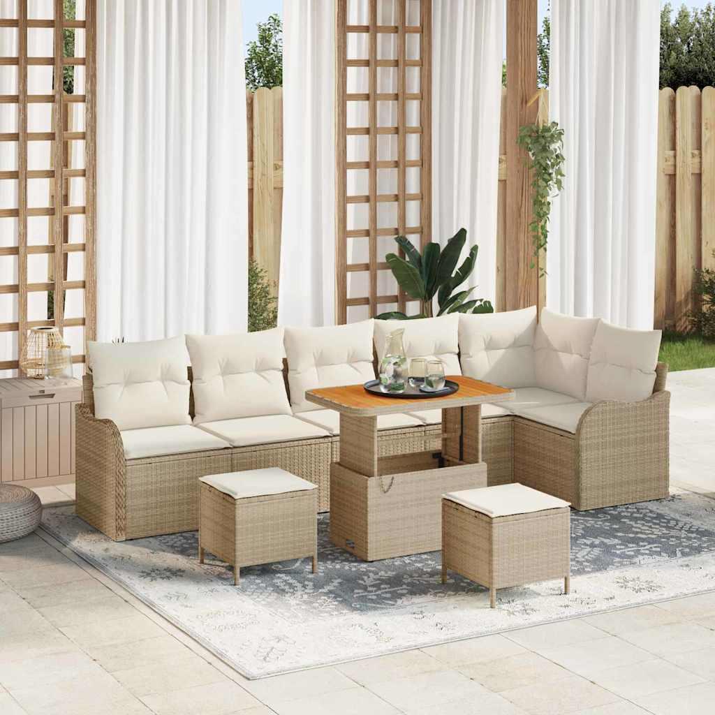 Havesofa Sæt Med Pude 9 Dele Polyrattan - Beige / Cremehvid / 90 cm bordlængde
