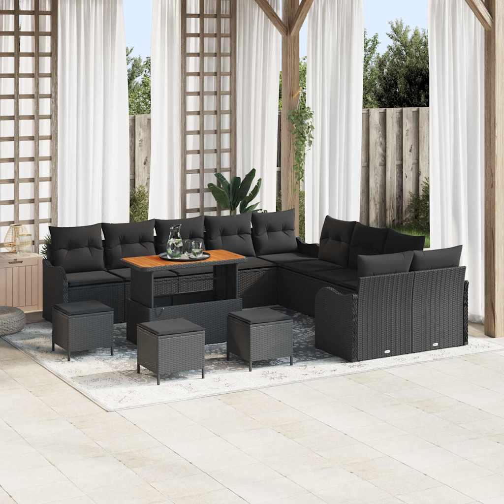 Havesofa-sæt i sort polyrattan med puder - 14 dele, modulopbygget