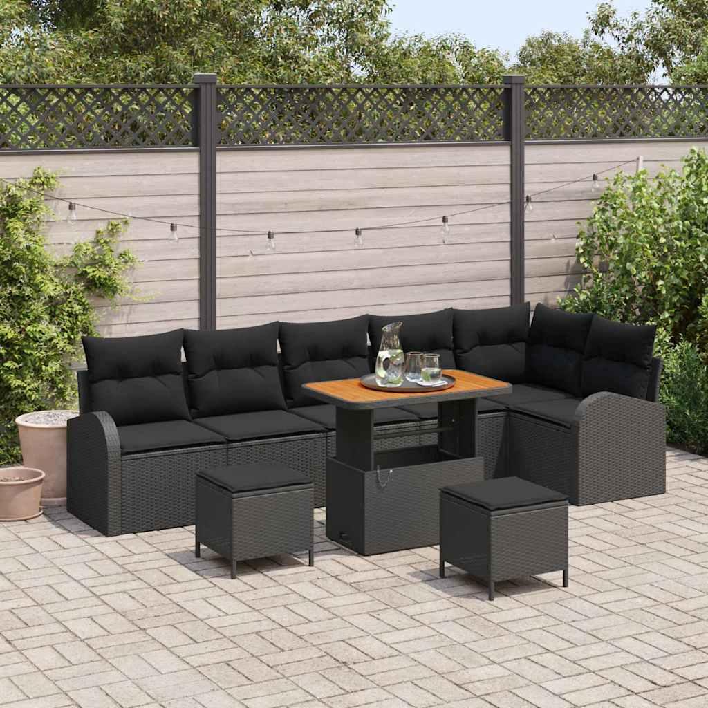 Havesofa sæt i sort polyrattan - 9 dele med højdejusterbart bord