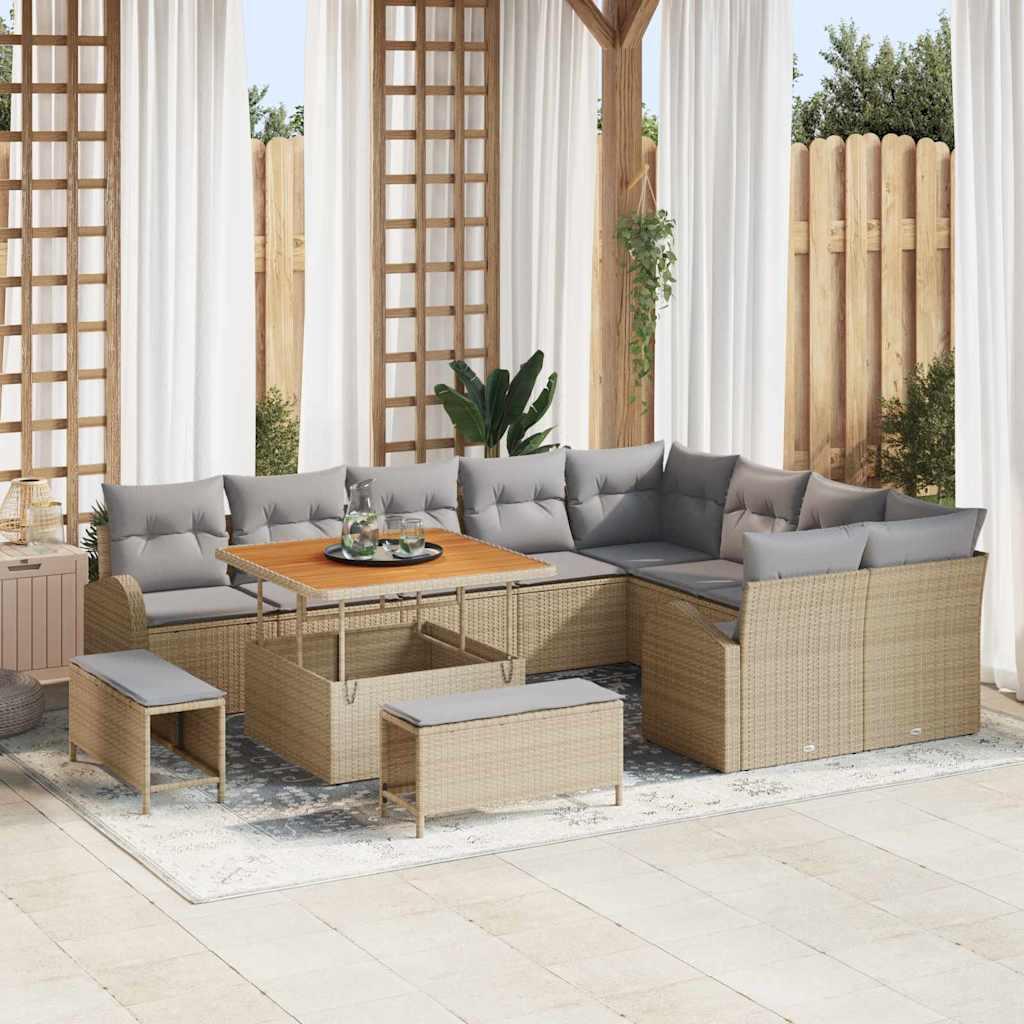 Havesofa Sæt Med Pude 12 Dele Polyrattan - beige og lysegrå / 100 cm bordlængde