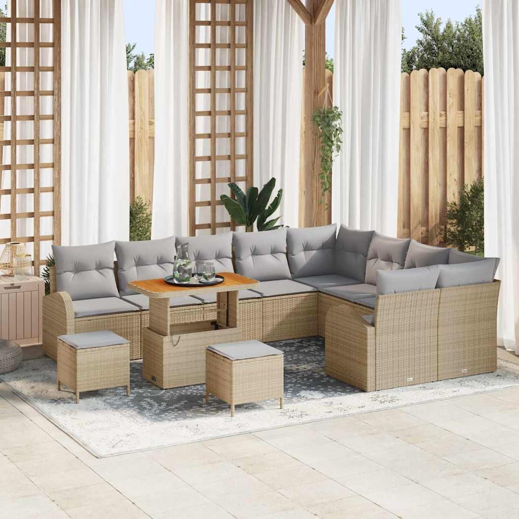 Havesofa Sæt Med Pude 12 Dele Polyrattan - beige og lysegrå / 90 cm bordlængde