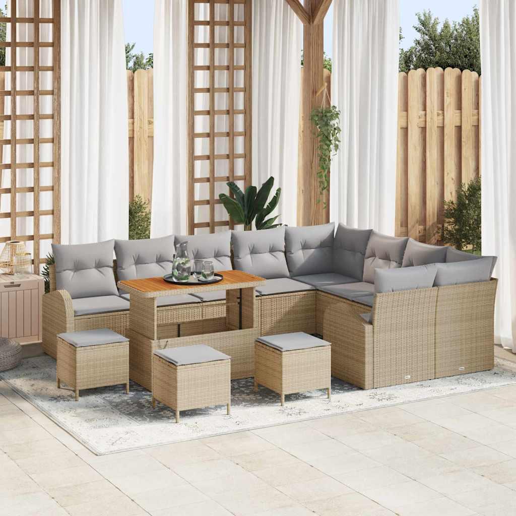Havesofa Sæt Med Pude 12 Dele Polyrattan - beige og lysegrå / 110 cm bordlængde