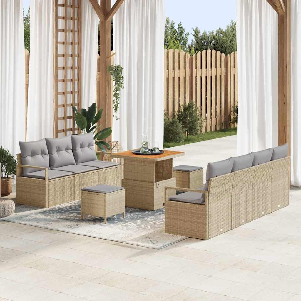 Havesofa sæt med puder - 10 dele i beige polyrattan med højdejusterbart bord