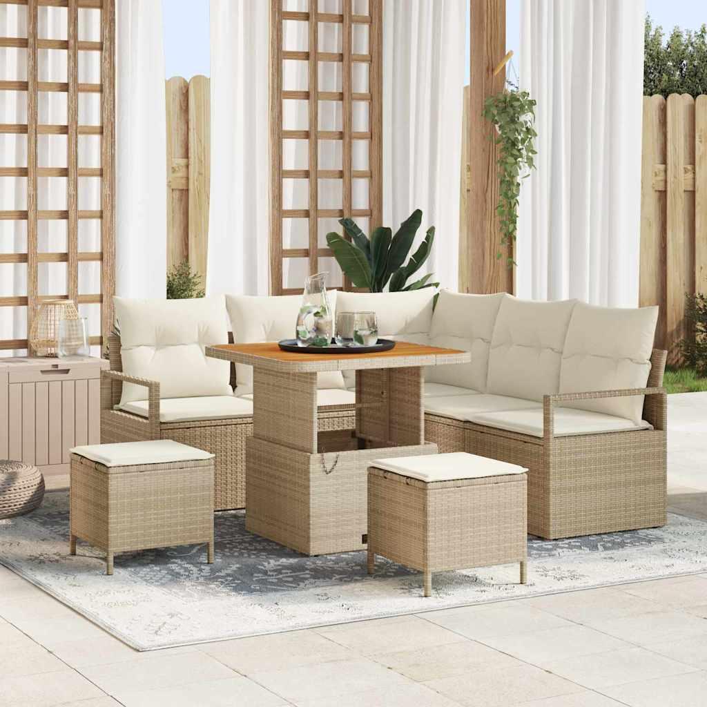 Havesofa sæt 8 stk med puder og justerbart bord i beige polyrattan