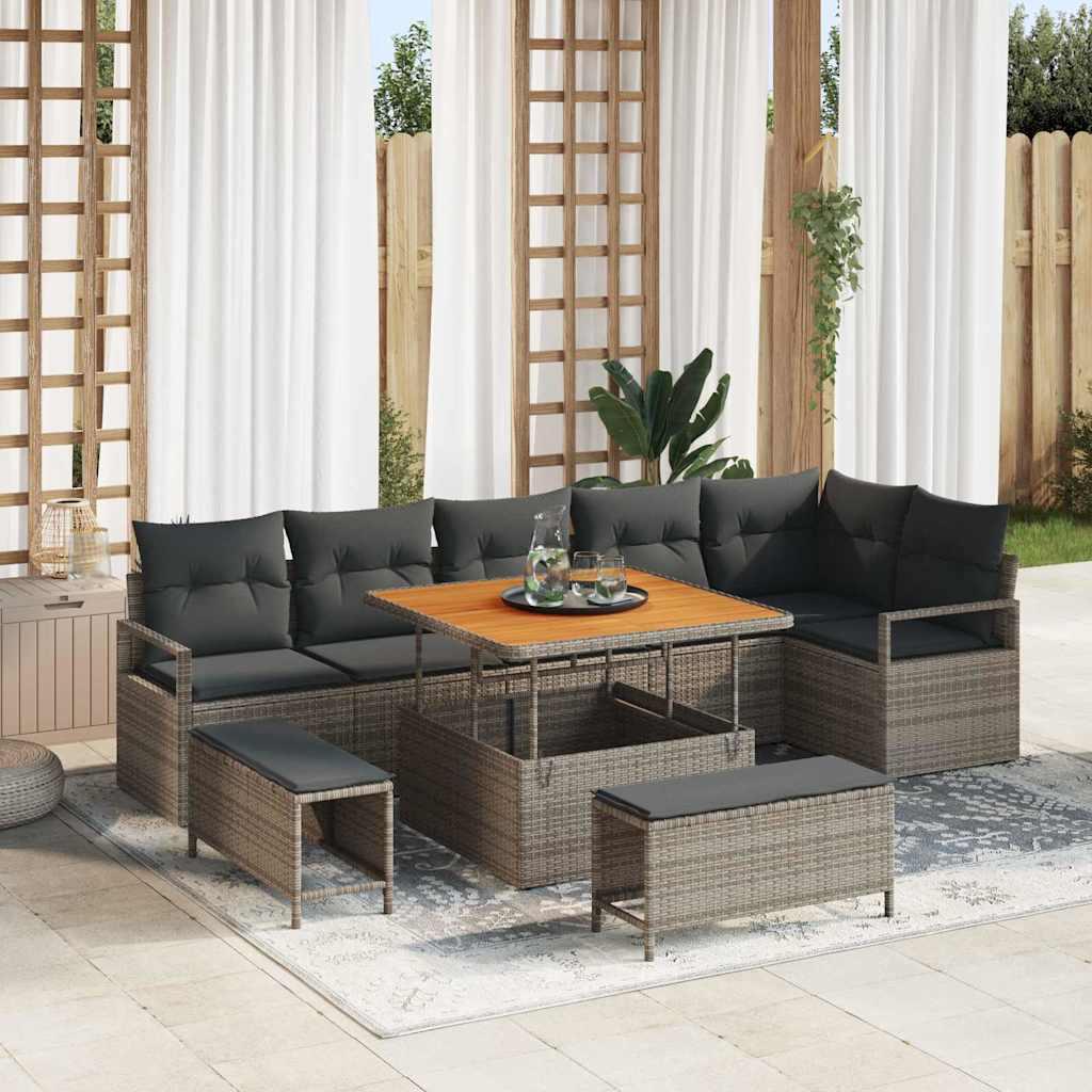 Havesofa loungesæt 9 dele med puder - grå polyrattan og akacietræ