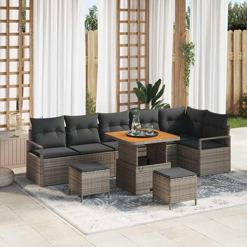 Havesofa loungesæt i grå polyrattan - 9 dele med puder