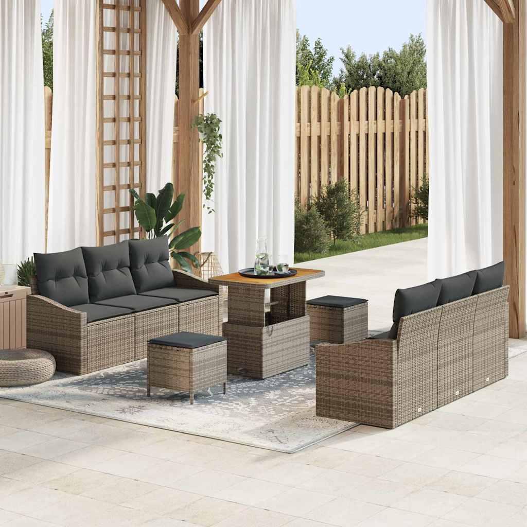 Havesofa-sæt i grå polyrattan - 9 dele med puder og højdejusterbart bord