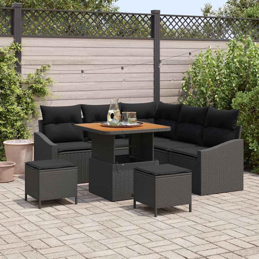Havesofa Sæt Med Pude 8 Dele Polyrattan - Sort / Sort / 80 cm bordlængde