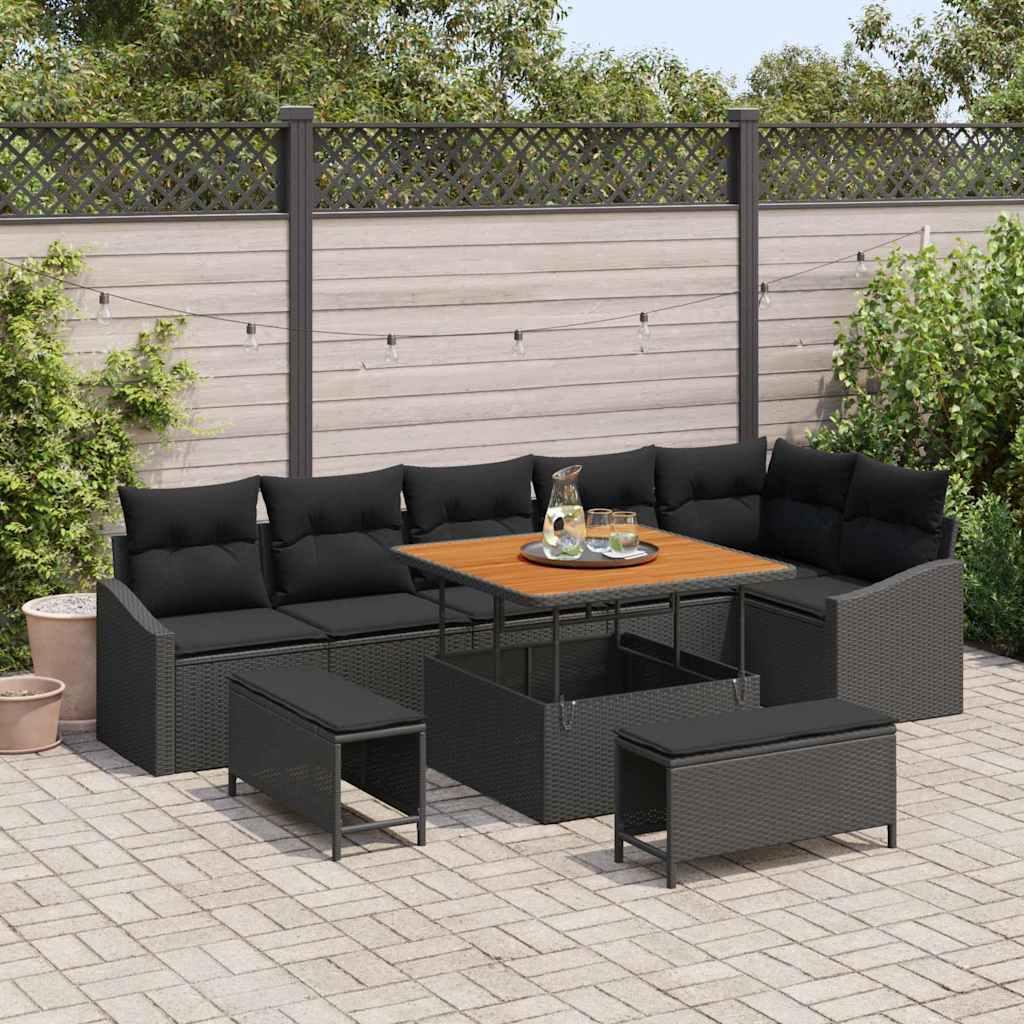 Havesofa sæt i sort polyrattan - 9 dele med justerbart bord
