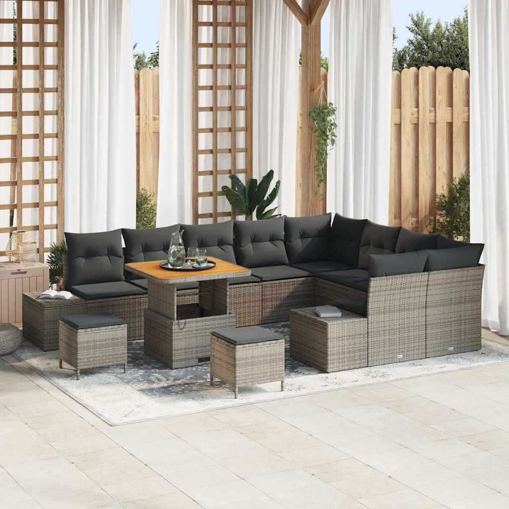 Havesofa Sæt Med Pude 12 Dele Polyrattan - Grå / Mørkegrå / 80 cm bordlængde