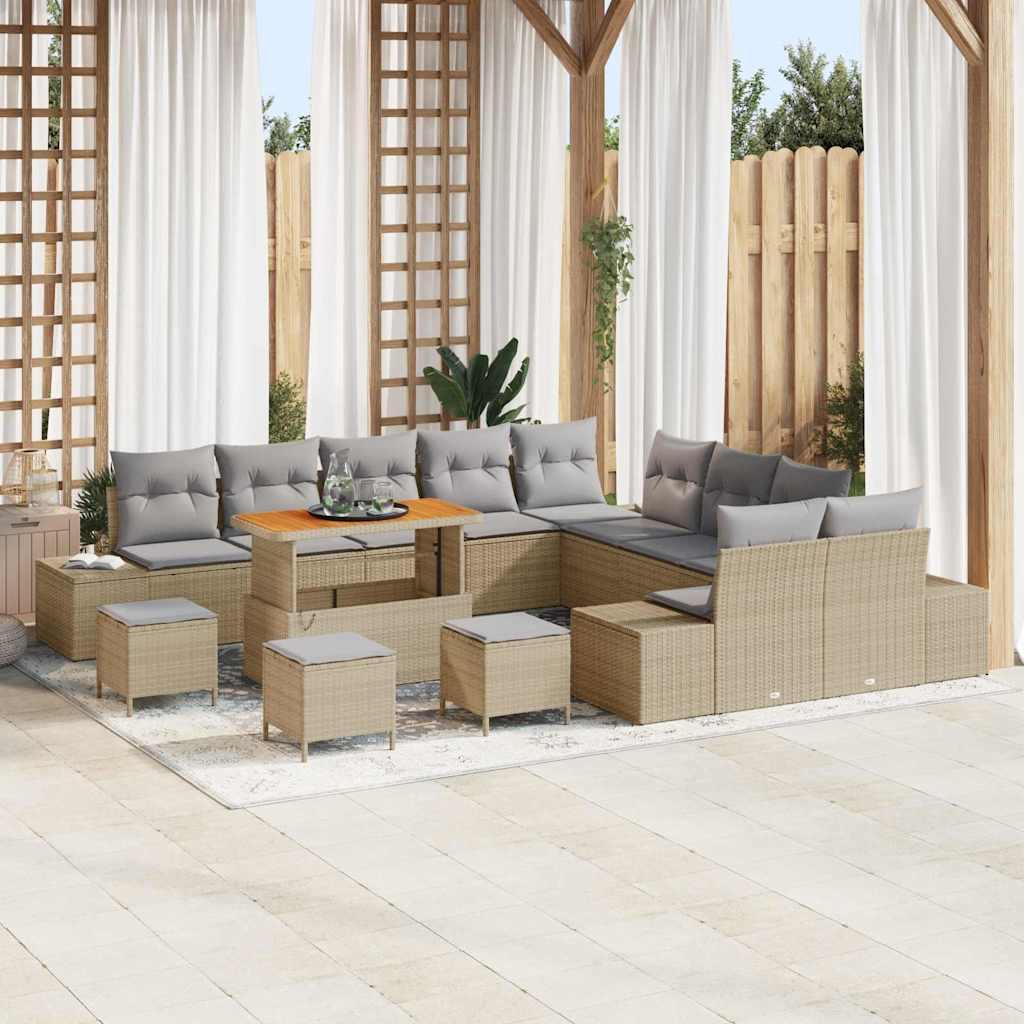 Havesofa-sæt i beige polyrattan med puder - 14 dele, modulært loungesæt med højdejusterbart bord