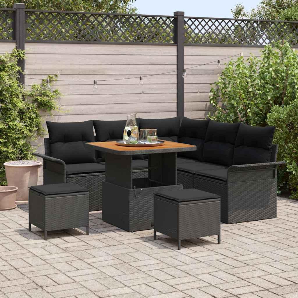 Havesofa SÃ¦t 8 stk Sort Polyrattan, stÃ¥l og massivt akacietrÃ¦