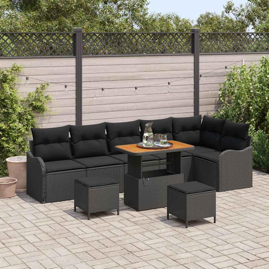 Havesofa Sæt med pude med opbevaring 9 stk Sort 90 x 55 x 71 cm